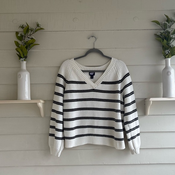 Lands' End Drifter V-Neck Striped Sweater Women’s Size Medium - Picture 2 of 11